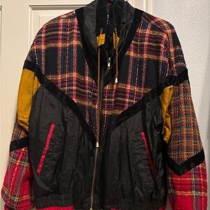 90s Retri Colorblock Plaid Windbreaker Jacket in Black, Red & Mustard